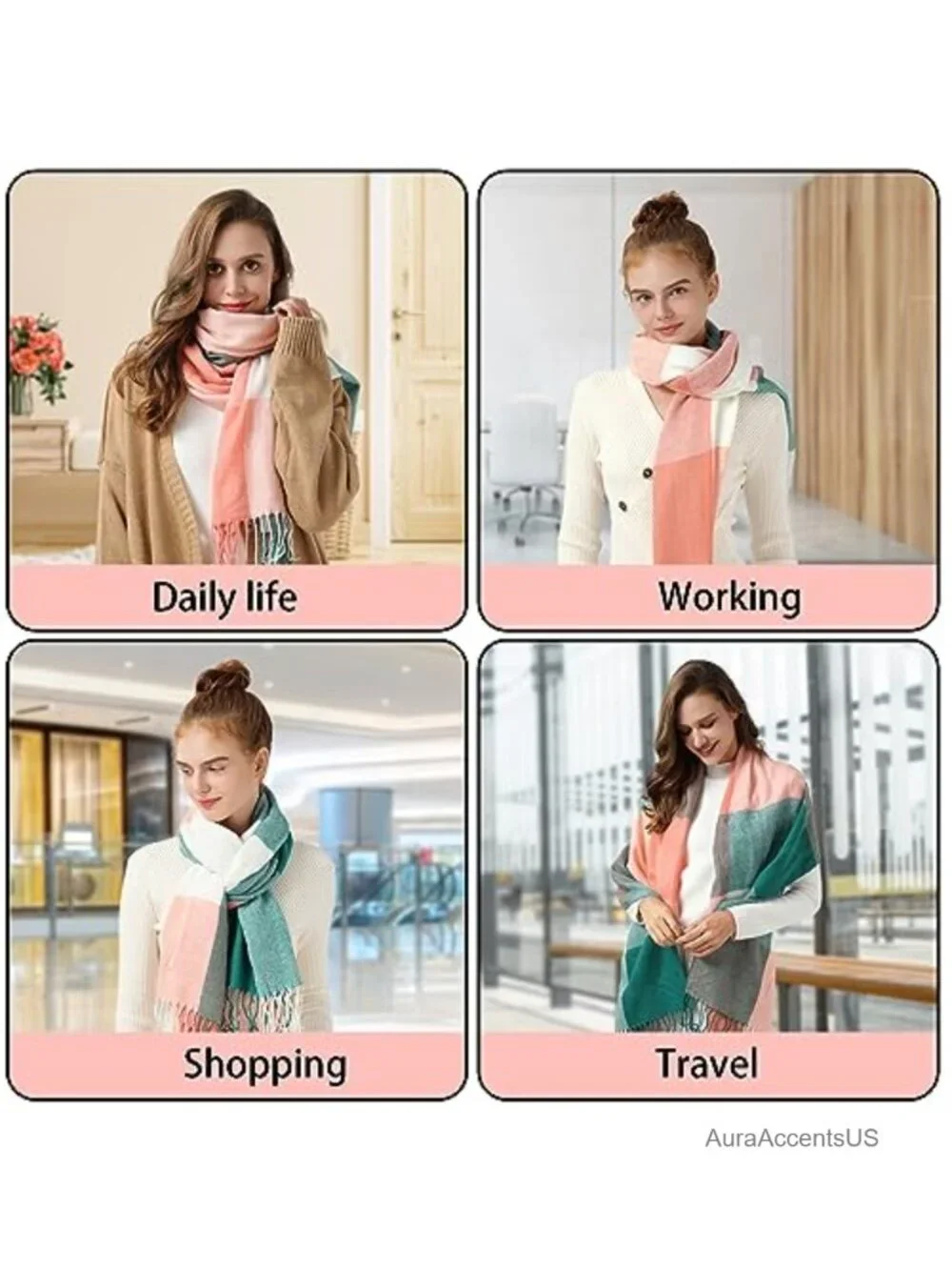 Oversized Plaid Winter Scarf for Women Soft Warm Shawl Wrap with Tassels